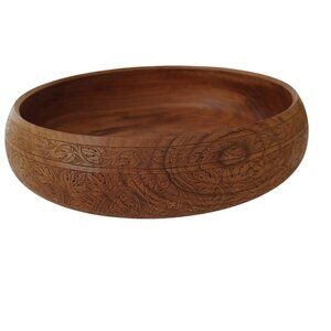 Wood Salad Bowl Round Engraved Brown 9" Diameter